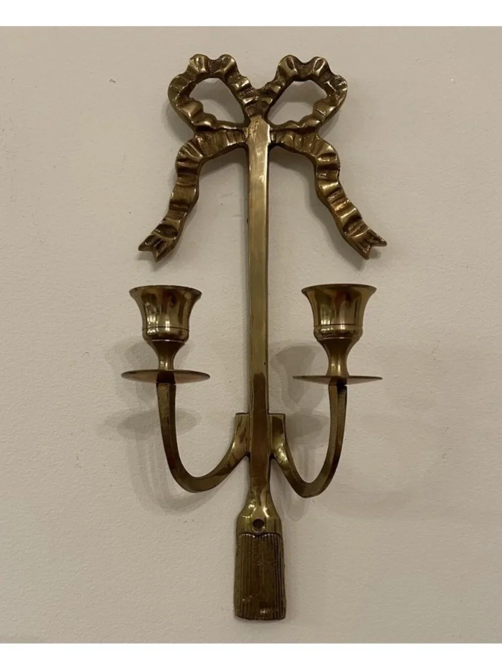Pair Vintage Brass Bow and Tassel Double Taper Candles Holder Wall Sconces 12” H